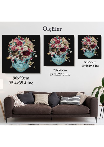 Renkli Çiçeklerle Kafatası Kanvas Tablo, Ölülerin Günü Baskıları, Şeker KAFATASI-5332