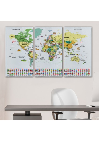 Türkçe Dünya Haritası Ayrıntılı Eğitici Sembollü Bayraklı Dekoratif Kanvas Tablo 2848 modelleri
