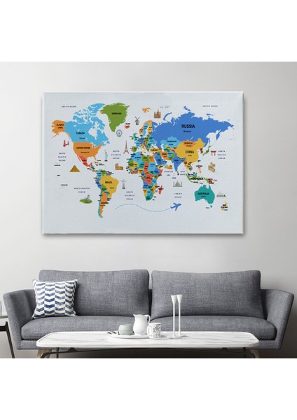 Dünya Haritası Dekoratif Kanvas Tablo Ülke ve Başkentli Öğretici ve Sembollü 2335 fiyatları