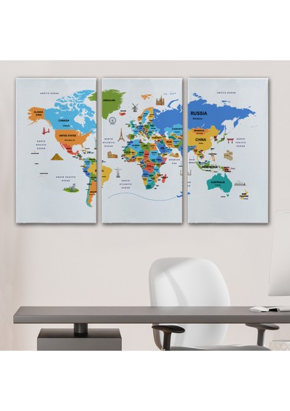 Dünya Haritası Dekoratif Kanvas Tablo Ülke ve Başkentli Öğretici ve Sembollü 2335 modelleri