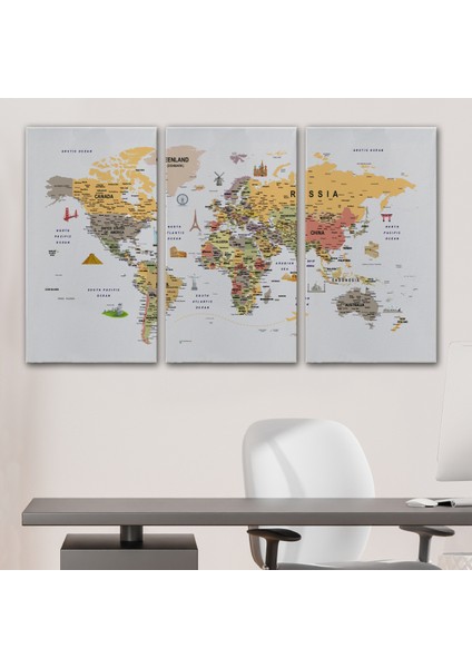 Dünya Haritası Çok Detaylı Ünlü Yerler Sembollü Kanvas Tablo 1748 modelleri