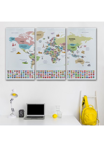 Dünya Haritası Ülke Bayraklı ve Başkentli Kanvas Tablo 1939 modelleri
