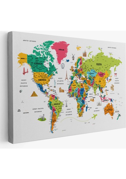Türkçe Dünya Haritası Son Derece Ayrıntılı Eğitici ve Sembollü Kanvas Tablo 3216