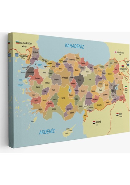 Türkiye Haritası Kanvas Tablo Sınır Komşulu Eğitici Dekoratif Tablo 3098
