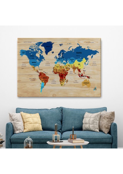 Ahşap Görünümlü Türkçe Dünya Haritası Ülke Başkentli Kanvas Tablo 1820 fiyatları
