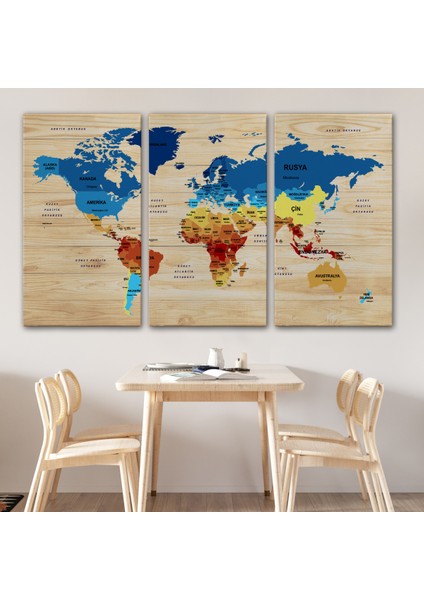 Ahşap Görünümlü Türkçe Dünya Haritası Ülke Başkentli Kanvas Tablo 1820 modelleri