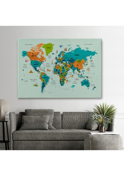 Türkçe Dünya Haritası Çok Detaylı Ünlü Yerler Sembollü Kanvas Tablo 1749 fiyatları
