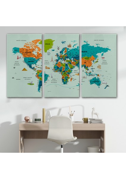 Türkçe Dünya Haritası Çok Detaylı Ünlü Yerler Sembollü Kanvas Tablo 1749 modelleri