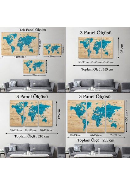 Ahşap Görünümlü Dünya Haritası Ayrıntılı ve Dekoratif Kanvas Tablo 1789