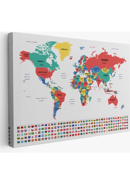 Dünya Haritası Ülke Bayraklı ve Dekoratif Kanvas Tablo 2393
