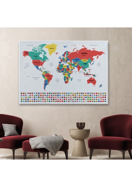 Dünya Haritası Ülke Bayraklı ve Dekoratif Kanvas Tablo 2393 fiyatları