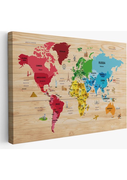 Ahşap Görünümlü Dünya Haritası Dekoratif Kanvas Tablo 2107