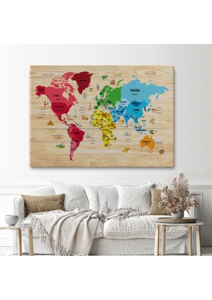 Ahşap Görünümlü Dünya Haritası Dekoratif Kanvas Tablo 2107 fiyatları