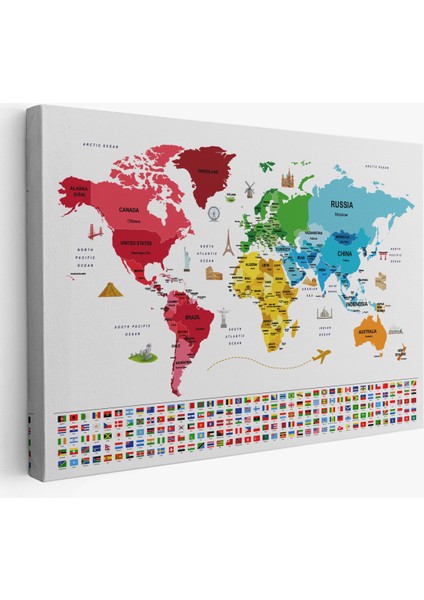Dünya Haritası Ülke Bayraklı ve Başkentli Kanvas Tablo 1959