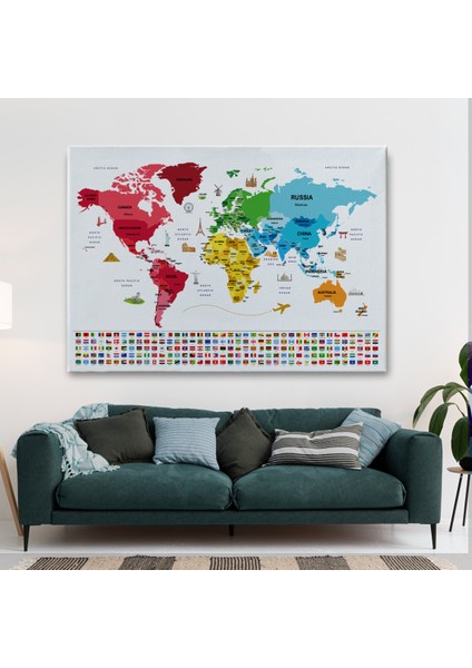 Dünya Haritası Ülke Bayraklı ve Başkentli Kanvas Tablo 1959 fiyatları