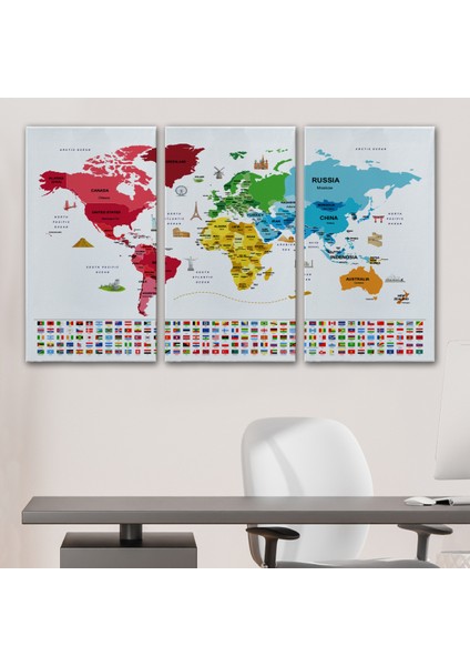 Dünya Haritası Ülke Bayraklı ve Başkentli Kanvas Tablo 1959 modelleri