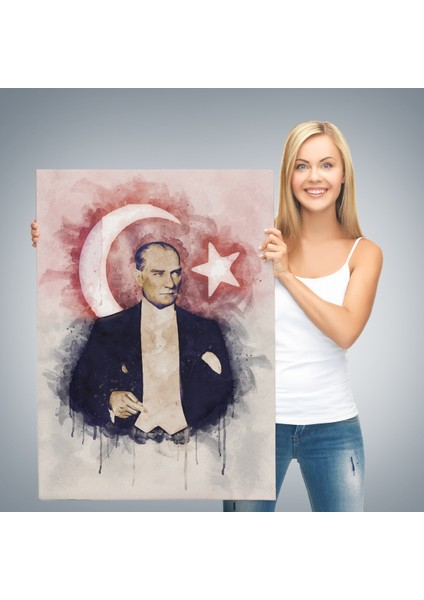 Mustafa Kemal Atatürk ve Türk Bayrağı Suluboya Görünümlü Dekoratif Kanvas Tablo-Cy-76 modelleri