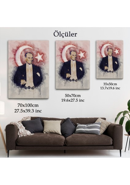 Mustafa Kemal Atatürk ve Türk Bayrağı Suluboya Görünümlü Dekoratif Kanvas Tablo-Cy-76 fırsatları