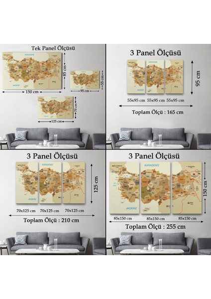 Türkiye Haritası Kanvas Tablo Sınır Komşulu Eğitici Dekoratif Tablo 3104