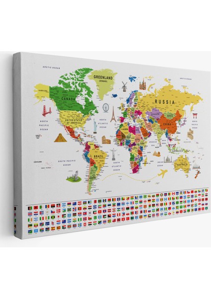 Dünya Haritası Ayrıntılı Eğitici Sembollü Bayraklı Dekoratif Kanvas Tablo 2839
