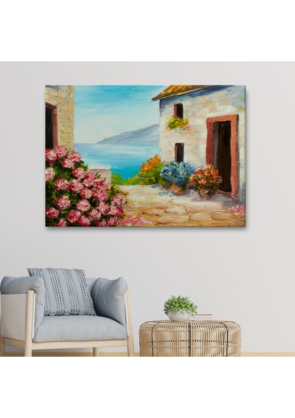 Çiçekler Arasındaki Deniz Manzaralı Ev Duvar TABLOSU-3640 fiyatları
