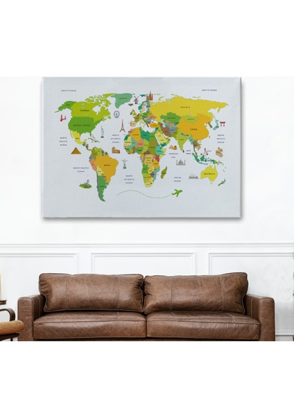 Dünya Haritası Dekoratif Kanvas Tablo Ülke ve Başkentli Öğretici ve Sembollü 2325 fiyatları