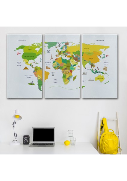 Dünya Haritası Dekoratif Kanvas Tablo Ülke ve Başkentli Öğretici ve Sembollü 2325 modelleri