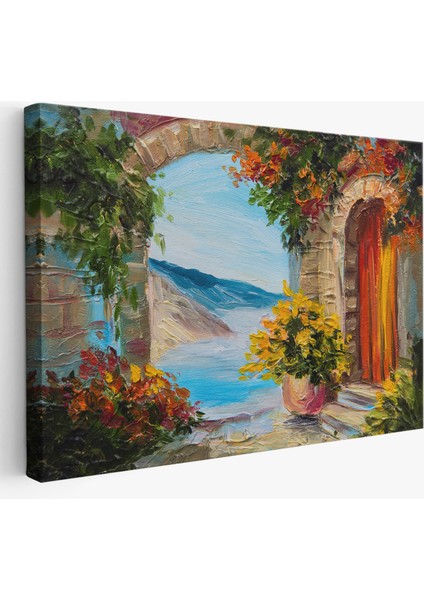 Renkli Çiçekler Arasındaki Deniz Manzaralı Ev Duvar TABLOSU-3636