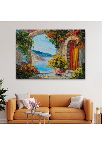 Renkli Çiçekler Arasındaki Deniz Manzaralı Ev Duvar TABLOSU-3636 fiyatları