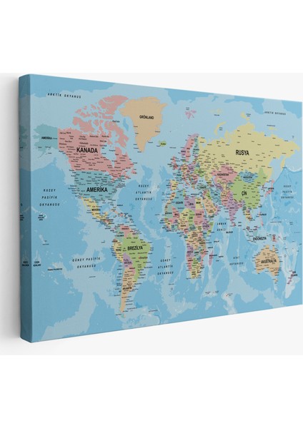Dünya Haritası Türkçe Kanvas Tablo Ayrıntılı Dekoratif-Okyanuslu 2160