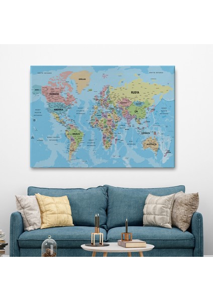 Dünya Haritası Türkçe Kanvas Tablo Ayrıntılı Dekoratif-Okyanuslu 2160 fiyatları