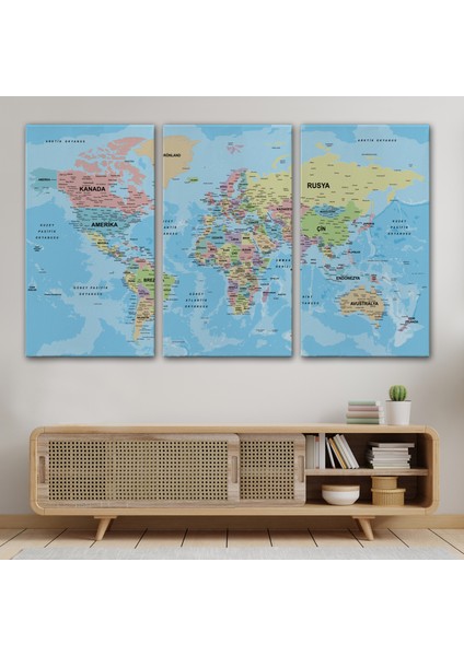 Dünya Haritası Türkçe Kanvas Tablo Ayrıntılı Dekoratif-Okyanuslu 2160 modelleri