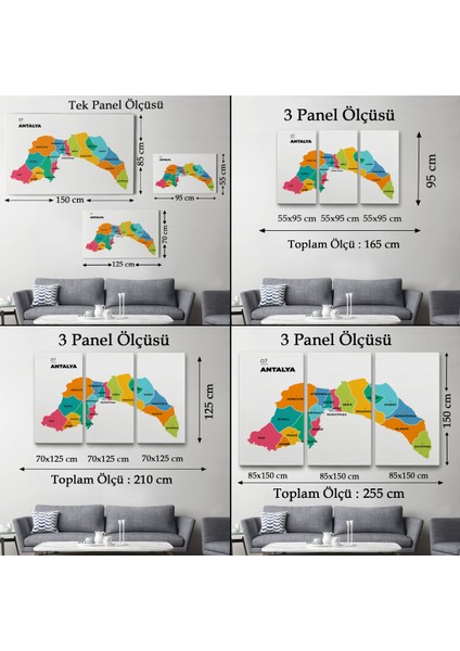 Antalya Ili ve Ilçeler Haritası Dekoratif Kanvas Tablo 1269