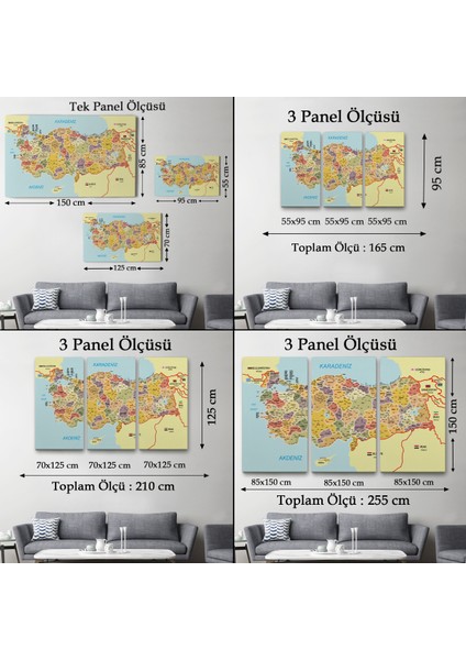 Türkiye Haritası Kanvas Tablo Il ve Ilçeli Ayrıntılı Eğitici Komşulu Tablo 3014 fırsatları