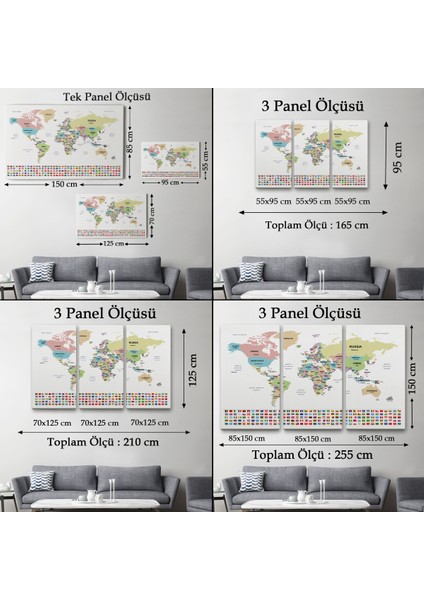 Dünya Haritası Ülke Bayraklı ve Dekoratif Kanvas Tablo 2385
