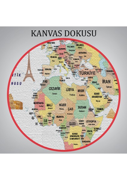 Türkçe Dünya Haritası Dekoratif Kanvas Tablo Ülke-Başkentli Öğretici ve Sembollü 2312