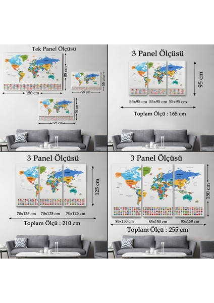 Dünya Haritası Ülke Bayraklı ve Dekoratif Kanvas Tablo 2413
