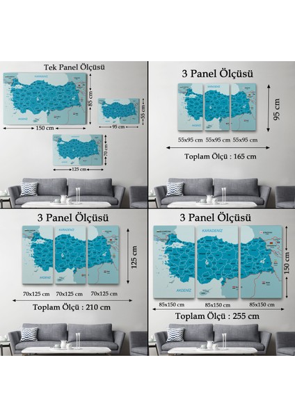 Türkiye Haritası Kanvas Tablo Sınır Komşulu Eğitici Dekoratif Tablo 3087