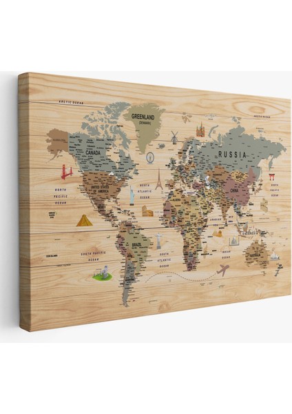 Ahşap Görünümlü Dünya Haritası Sembollü Eğitici Dekoratif TABLO-2950