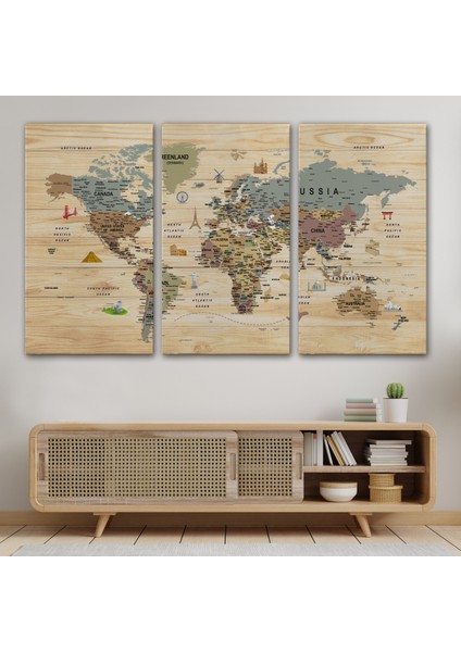 Ahşap Görünümlü Dünya Haritası Sembollü Eğitici Dekoratif TABLO-2950 modelleri