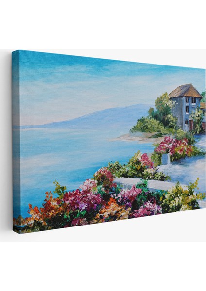 Rengarenk Çiçekler Arasındaki Deniz Manzaralı Ev Duvar TABLOSU-3633