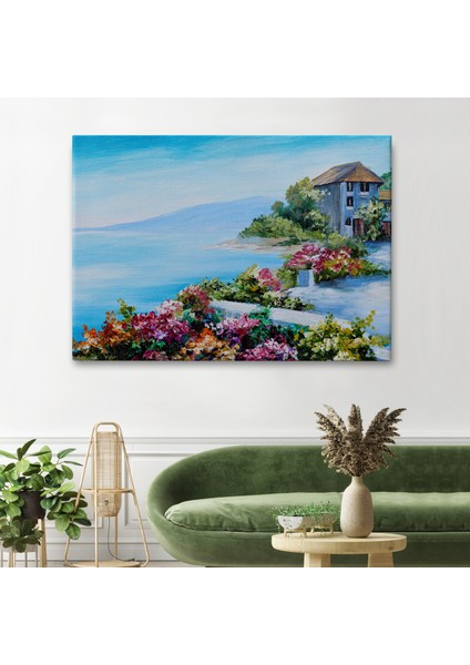 Rengarenk Çiçekler Arasındaki Deniz Manzaralı Ev Duvar TABLOSU-3633 fiyatları