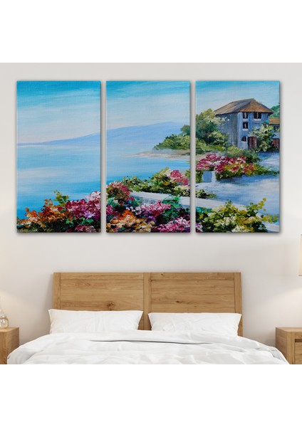 Rengarenk Çiçekler Arasındaki Deniz Manzaralı Ev Duvar TABLOSU-3633 modelleri