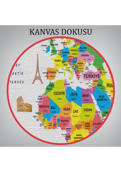 Türkçe Dünya Haritası Kanvas Tablo Ülke-Başkentli Öğretici ve Sembollü 2272