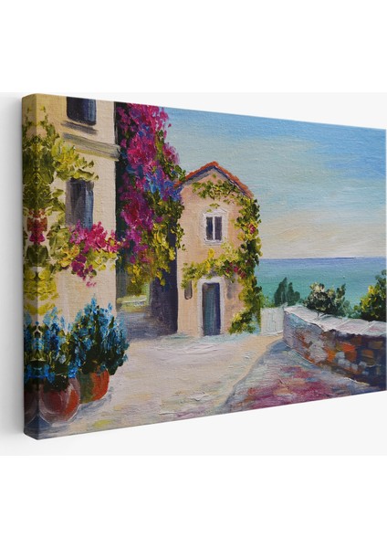 Santorinide Deniz Manzaralı Ev Kanvas Duvar TABLOSU-1186