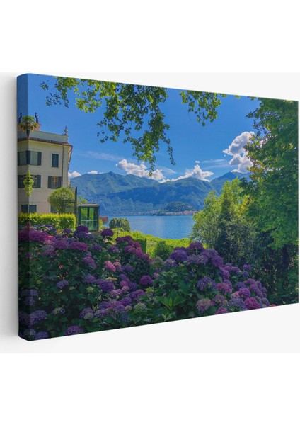 Mor Çiçekler Arasındaki Göl Manzaralı Ev Duvar TABLOSU-3673