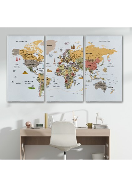 Türkçe Dünya Haritası Ayrıntılı Eğitici-Öğretici ve Sembollü Dekoratif Kanvas Tablo 3200 modelleri