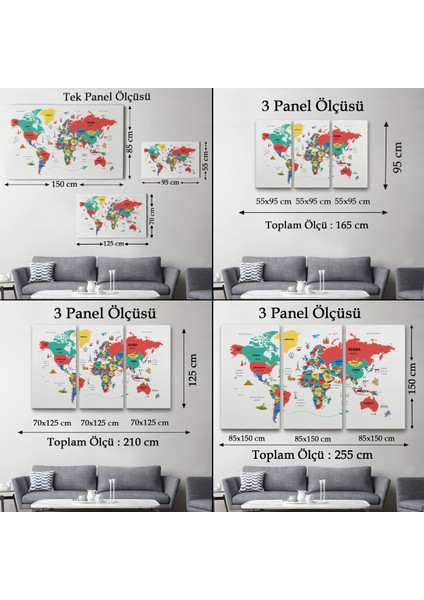Dünya Haritası Dekoratif Kanvas Tablo Ülke ve Başkentli Öğretici ve Sembollü 2315