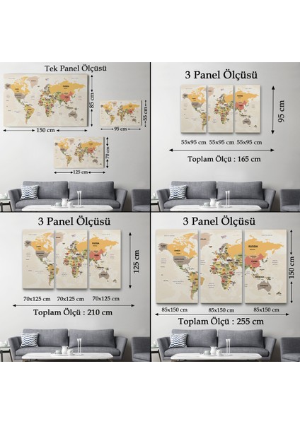 Dünya Haritası Kanvas Tablo Ülke Başkentli ve Okyanus Detaylı TABLO2751 fırsatları