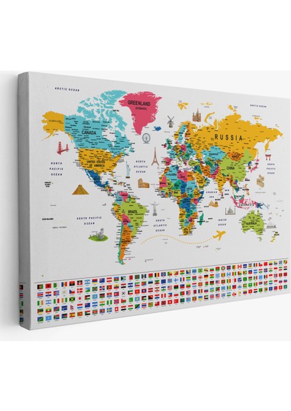 Dünya Haritası Ayrıntılı Eğitici Sembollü Bayraklı Dekoratif Kanvas Tablo 2867